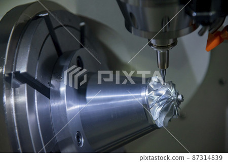The 5-axis machining center cutting the turbocharger parts with solid ball end mill tool. The 5-axis machining center cutting the turbocharger parts with solid ball end mill tool. 87314839