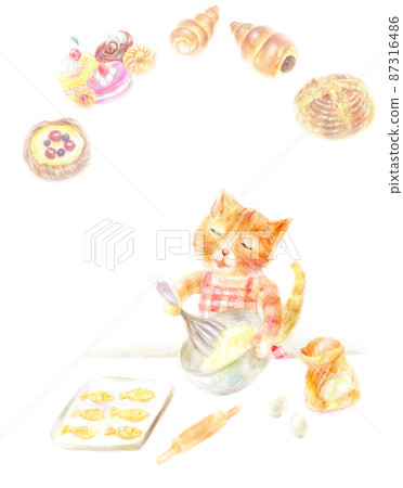 Cat making sweets Hand-painted Cat making sweets Hand-painted 87316486
