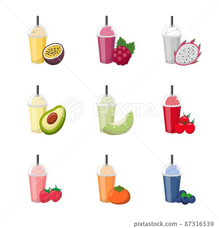 一套色彩繽紛的水果冰沙與奶油孤立在白色背景,酸甜好吃的飲料 87316539