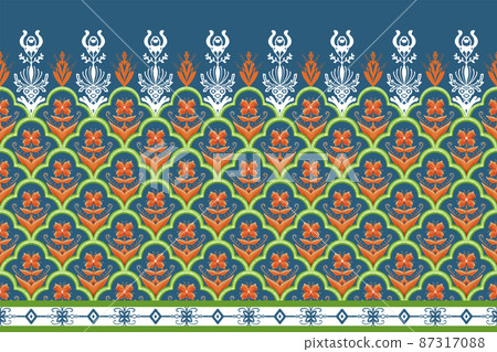 Orange Flower on Indigo Blue, Green Geometric ethnic oriental pattern traditional Design for background,carpet,wallpaper,clothing,wrapping,Batik,fabric, vector illustration embroidery style Orange Flower on Indigo Blue, Green Geometric ethnic oriental pattern traditional Design for background,carpet,wallpaper,clothing,wrapping,Batik,fabric, vector illustration embroidery style 87317088