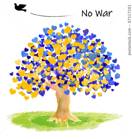 沒有戰爭信息和藍色和黃色的心樹和和平鴿 87317281
