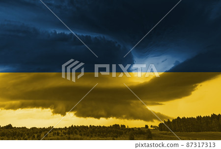Ukrainian national flag colors with storm, war concept 87317313