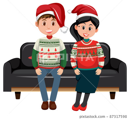Couple man and woman wearing Christmas outfits sitting on a sofa Couple man and woman wearing Christmas outfits sitting on a sofa 87317598