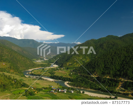 View to Mo Chhu river and Punakha-Wangdue valley from Khamsum Yulley Namgyal Temple, Bhutan 87317773