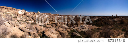 Panorama view to Plateau Ustyurt and the edge of Aral sea at Duana cape, Karakalpakstan, Uzbekistan Panorama view to Plateau Ustyurt and the edge of Aral sea at Duana cape, Karakalpakstan, Uzbekistan 87317848