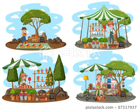 Flea market concept with set of different plant stores Flea market concept with set of different plant stores 87317937