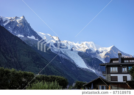 View of France's Chamonix glacier from the foot of the mountain View of France's Chamonix glacier from the foot of the mountain 87318978