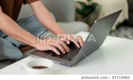 Technology Concept The man in brown T-shirt concentrating on typing something on his computer laptop Technology Concept The man in brown T-shirt concentrating on typing something on his computer laptop 87319060