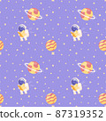 Seamless pattern of deep space with planets and stars, astronaut and asteroids in a flat style. Vector illustration 87319352