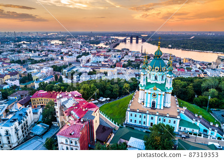Saint Andrew church and Podil in Kiev, Ukraine 87319353