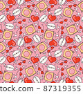 Red hearts, heart glasses, message and wrappers on the pink background in cartoon style of 70s . Abstract seamless pattern. illustration. Vector illustration. Vector illustration 87319355