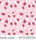Fruit seamless pattern for textile products, cherry pieces with juice splashes, cherry smoothie in a flat style. Vector illustration 87319356