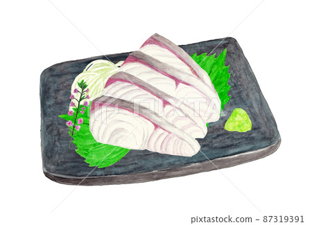 Watercolor illustration of amberjack sashimi served on a plate Watercolor illustration of amberjack sashimi served on a plate 87319391