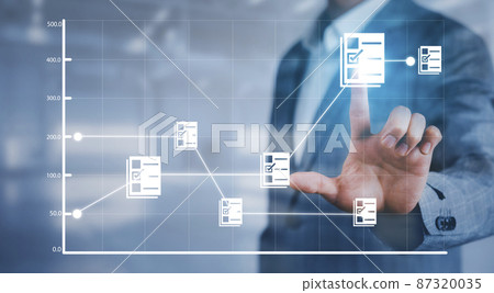 Businessman hand touch folder of document Management System,  online documentation database and process automation to efficiently manage files work, knowledge, Corporate business technology. 87320035