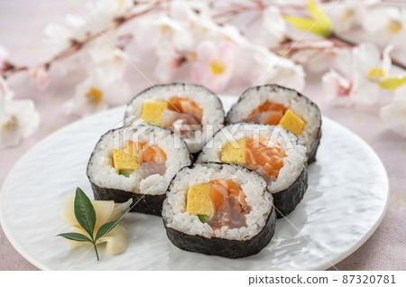 Maki sushi on a plate, seafood roll 87320781
