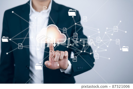 Man touching connect to data information on the Cloud Computing Technology Internet Storage Network Concept And a large database big data Through internet technology, Cloud sharing download and upload 87321006
