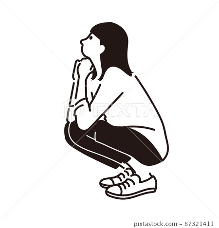 插圖矢量,一個女人坐著抬頭,側身蹲下 插圖矢量,一個女人坐著抬頭,側身蹲下 87321411