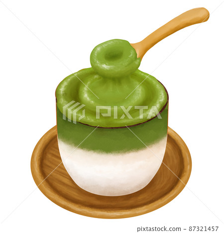 Matcha-flavored Dalgona Coffee scooped with a spoon 87321457