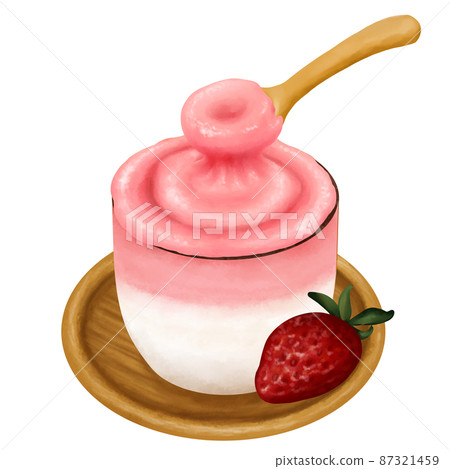 Strawberry-flavored Dalgona Coffee scooped with a spoon 87321459