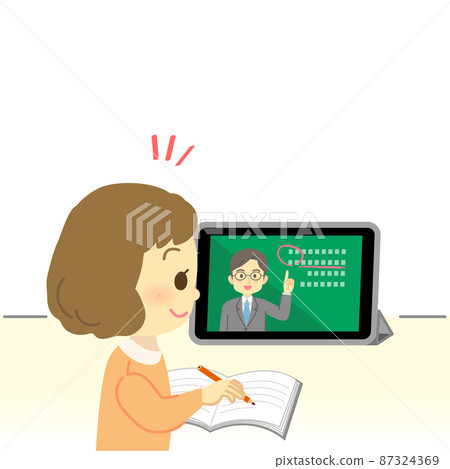 插圖素材:一位微笑的小學生(女孩/陽性)看著平板電腦屏幕上老師的在線課程 插圖素材:一位微笑的小學生(女孩/陽性)看著平板電腦屏幕上老師的在線課程 87324369