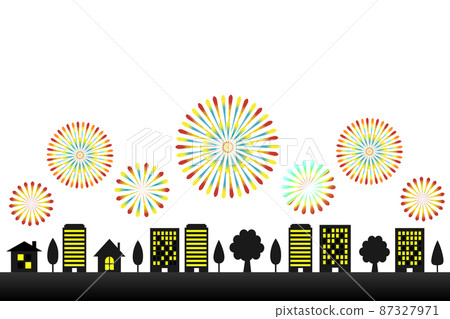 Illustration of fireworks and night view. Image illustration of an urban fireworks display. White background. 87327971