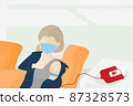 flat art design and cartoon for world blood donor day with woman wearing protection mask during donation blood 87328573