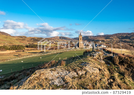 Aerial view of standing stone in Glencolumbkille in County Donegal, Republic of Irleand 87329419