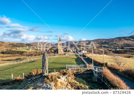 Aerial view of standing stone in Glencolumbkille in County Donegal, Republic of Irleand 87329426