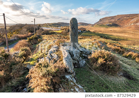 Aerial view of standing stone in Glencolumbkille in County Donegal, Republic of Irleand 87329429
