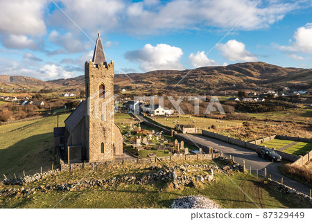 Aerial view of the Church of Ireland in Glencolumbkille - Republic of Ireland Aerial view of the Church of Ireland in Glencolumbkille - Republic of Ireland 87329449