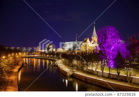 Cathedral, Pregolya river and new synagogue. Night view. Kaliningrad. Russia Cathedral, Pregolya river and new synagogue. Night view. Kaliningrad. Russia 87329816