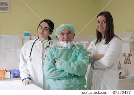 Portrait of doctors wearing uniform and preparing to doing surgical operation at the theater of hospital. Medical Concept. 87330427