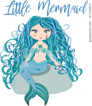 A beautiful little mermaid is sitting on a rock. Siren. Sea theme. illustration on a white background. Inscription Little Mermaid A beautiful little mermaid is sitting on a rock. Siren. Sea theme. illustration on a white background. Inscription Little Mermaid 87330823