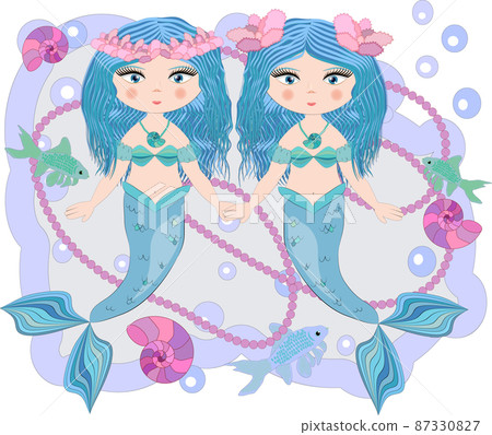 Two cartoon, pretty mermaids, girlfriends, a princess of the sea, a siren, with blue hair, open eyes and a forked tail Two cartoon, pretty mermaids, girlfriends, a princess of the sea, a siren, with blue hair, open eyes and a forked tail 87330827