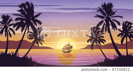 Silhouette art design of sea on sunset time and palm trees 87330851