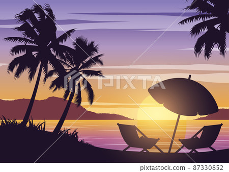 Silhouette art design of sea on sunset time and palm trees 87330852
