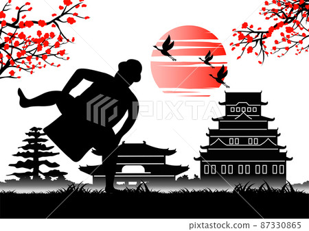 Japanese art with ancient design of sumo do fighting action near emperor castle 87330865