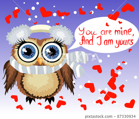 A sweet cartoon brown owl surrounded by hearts says You are mine, and I am yours. Love in the air, Saint Valentine, postcard. 87330934
