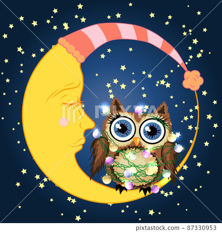 A sweet cartoon owl in a sleeping cap sits on drowsy crescent moon against the background of night sky with stars. A sweet cartoon owl in a sleeping cap sits on drowsy crescent moon against the background of night sky with stars. 87330953
