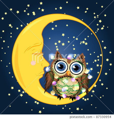 A sweet cartoon owl in a sleeping cap sits on drowsy crescent moon against the background of night sky with stars. A sweet cartoon owl in a sleeping cap sits on drowsy crescent moon against the background of night sky with stars. 87330954