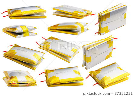 set of swollen double Li-ion battery pack isolated on white background set of swollen double Li-ion battery pack isolated on white background 87331231