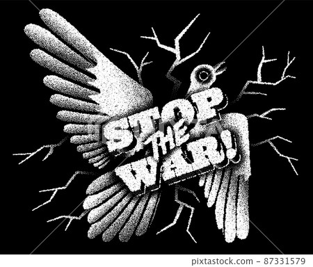 Stop the war poster with broken dove of peace in retro dotwork style. 87331579