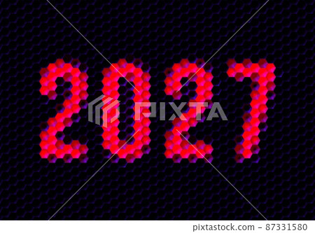 Sign of the year 2027 with hex pixel grid. New Years number or digits for holiday eve celebration card or calendar. 87331580