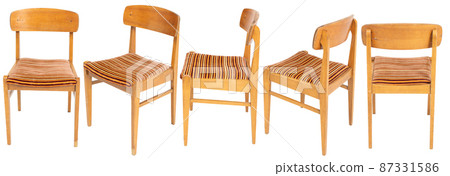 Model of wooden old chair from Poland with several sides. Soft seat with stripes. 87331586