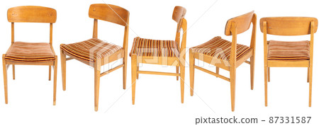 Model of wooden old chair from Poland with several sides. Soft seat with stripes. 87331587