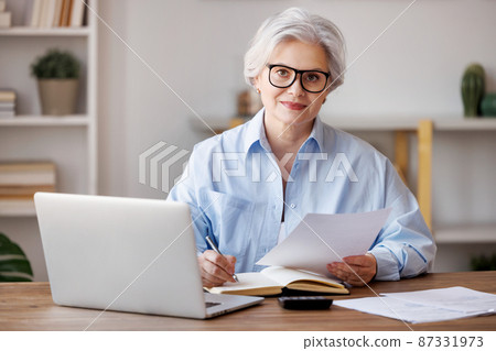 Smiling middle aged businesswoman working in home office 87331973