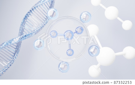 3d render of simple chemical bond in side cell or molecules. The associated of atoms, ions, bond and molecules. Liquid drop bubble background. Covalent bond. Biochemical interaction. 87332253
