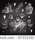 Set of romantic hand drawn elements. Different hearts, flowers and other different elements. Hand-drawn sketch vector 87332502