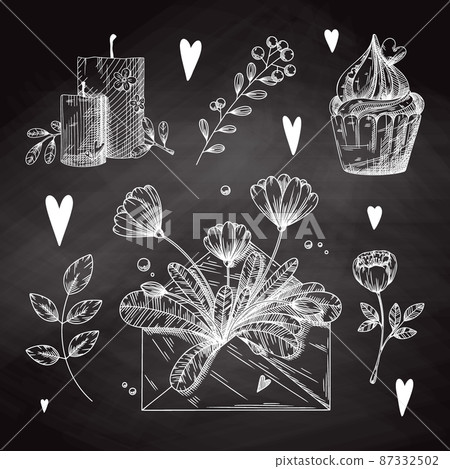Set of romantic hand drawn elements. Different hearts, flowers and other different elements. Hand-drawn sketch vector Set of romantic hand drawn elements. Different hearts, flowers and other different elements. Hand-drawn sketch vector 87332502