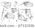 Set of various medical objects. Doctor's hand with a syringe in different positions. Vaccine, mask and syringe. Vector illustration 87332506